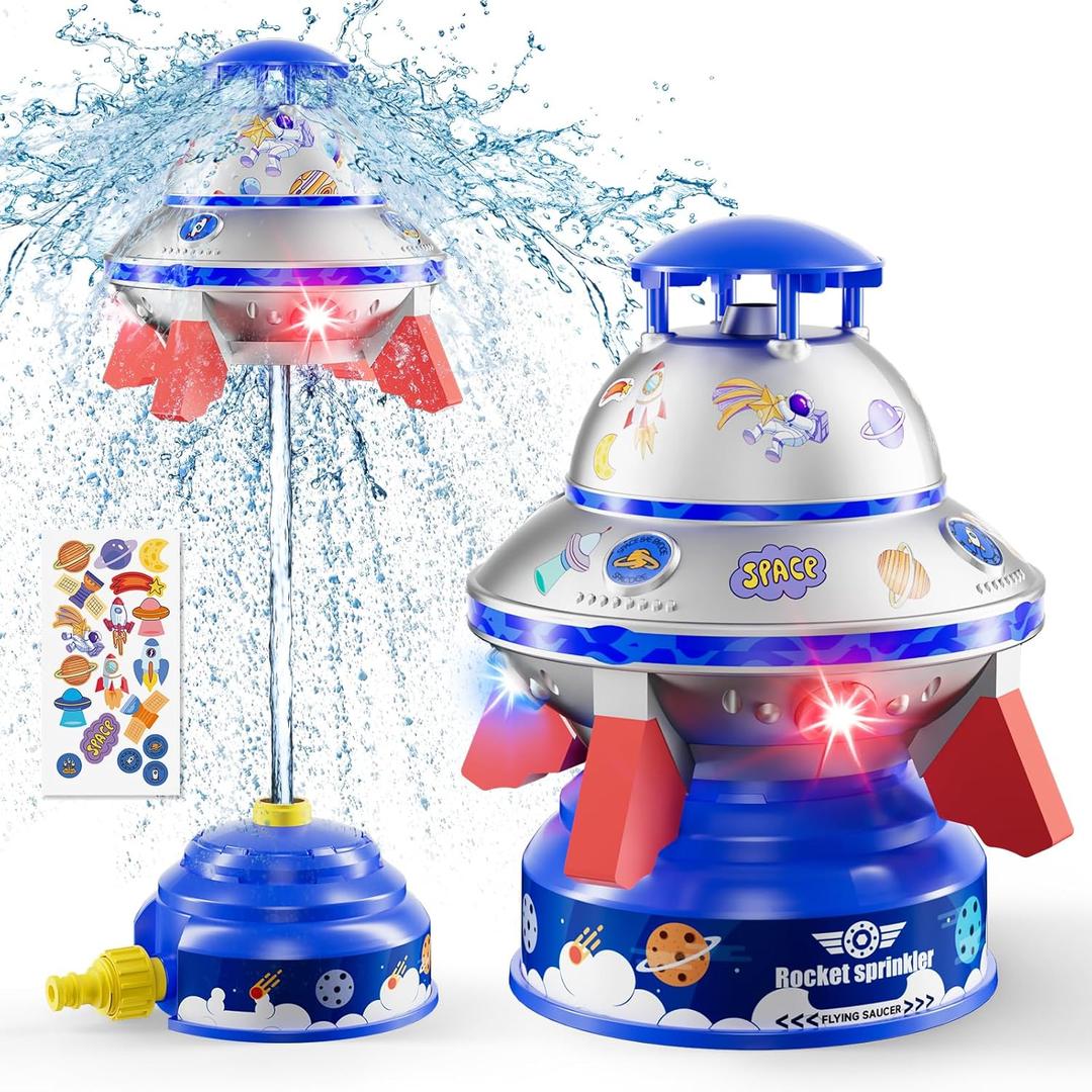 UFO Water Sprinkler for Kids, Water Rocket Toy Outdoor Summer Play W/Light & Spin, Adjustable Height Water Launcher, DIY Space Sticker, Backyard Lawn Gift for Girls Boys 3-12 Year Old Blue