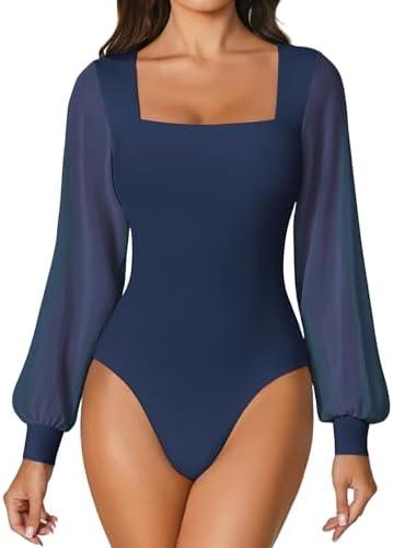 Avidlove Women Puff Long Sleeve Bodysuit Mesh Square Neck Thong Sexy Body Suits Double Lined Leotards L