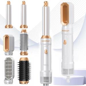 6 in ONE Blow Dryer Brush Ionic Hair Dryer Brush for Women, Hot Air Brush Hair Styling Tools 100-120V, Air Curling Iron Round Brush Blow Dryer 800W (White Gold)