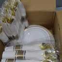 Reli. Plastic Plates for Party | 210 Pieces | White w/Gold Rim | Plates and Napkins Party Supplies | Disposable Dinnerware Set for 30 Guests | Dinner & Dessert Pack, Pre-Rolled Gold Cutlery Set, Cups