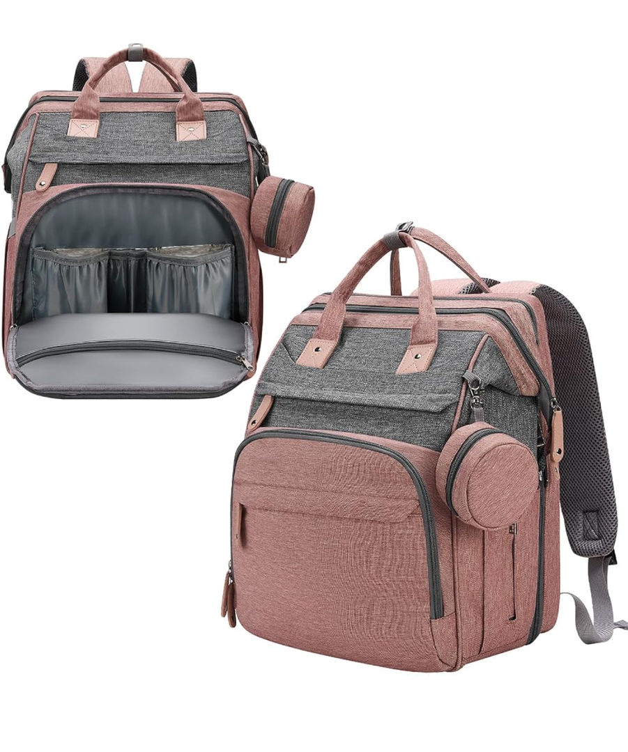 DERSTUEWE Baby Diaper Bag Backpack with Changting Station, Waterproof Diaper Bag, Baby Shower Gifts, Pink Grey