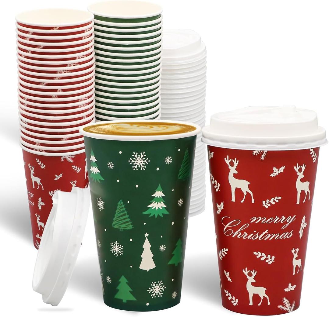 50 Packs Christmas Disposable Coffee Cups with Lids 16 Oz Thickened Christmas Paper Cups for Hot Beverage Chocolate Tea Cocoa, Xmas Party Cups for Adult Party Holiday
