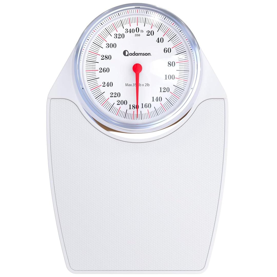 Adamson A24 Scales for Body Weight - Up to 350 LB - New - Anti-Skid Rubber Surface Extra Large Numbers - High Precision Bathroom Scale Analog - Durable with 20-Year Assurance - White