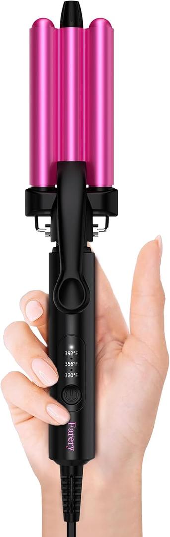 Mini Hair Crimper 3 Temperature Adjustable, 3 Barrel Curling Iron for Short Hair, Hair Waver for Women Beach Waves, 1/2 Inch Travel Size, Dual Voltage, Pouch Bag