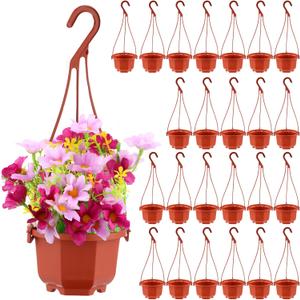 Roshtia 24 Pcs Hanging Plastic Planter Pot with Hook Flower Pots Baskets Hanging Nursery Planter Holder for Outdoor Indoor Plant Garden(Brown,3.7 Inch)
