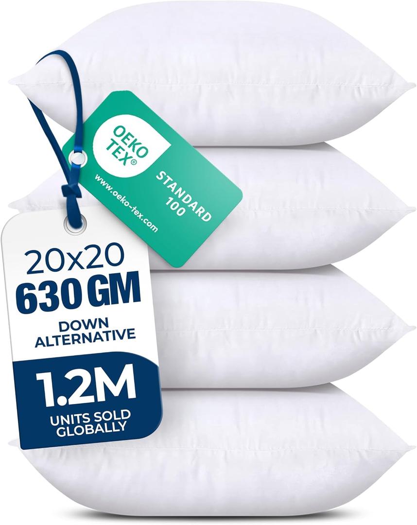 Utopia Bedding Throw Pillows (Set of 4, White) 20 x 20 Inches Down Alternative Pillows for Bed, Sofa, and Couch - Fluffy Decorative Stuffer Pillow for Indoors & Outdoors