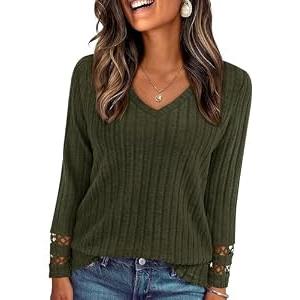 PRETTYGARDEN Women's Long Sleeve Shirts Ribbed Knit V Neck Tee Dressy Casual Blouses Going Out Tunic Tops 2026 Fall Outfits (Army Green, X-Large)