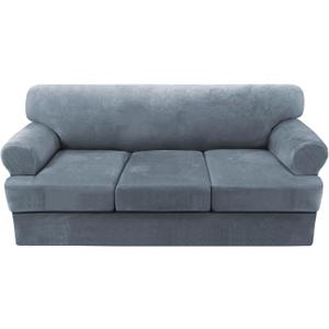 H.VERSAILTEX Sofa Cover 4 Piece T Cushion Sofa Slipcovers Thick Velvet Couch Cover Furniture Protector Stretch Sofa Covers for 3 Cushion Couch with 3 Individual Covers Washable, Stone Blue