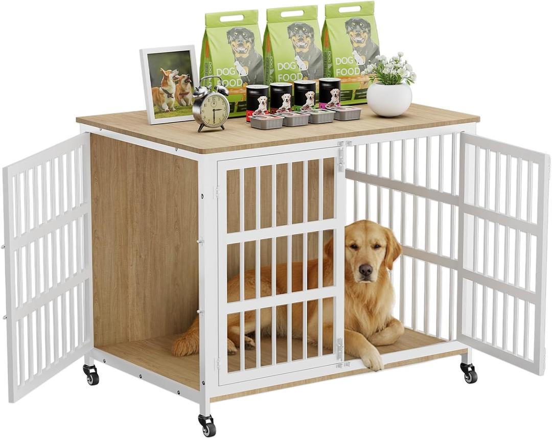 42" Furniture Style Large Dog Crate with Wheels, Metal Chew-Resistant Dog Kennel Indoor for Large & Medium Dogs, 41.9" W x 28.3" D x 31.7" H, Decorate House as TV Stand, End Table Natural and White