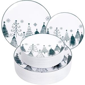 FLOWERCAT 100PCS Christmas Plates & Christmas Tree Plates - Heavy Duty Christmas Plastic Plates Disposable for Party - Include 50PCS 10.25inch Christmas Dinner Plates - 50PCS 7.5inch Dessert Plates (60)