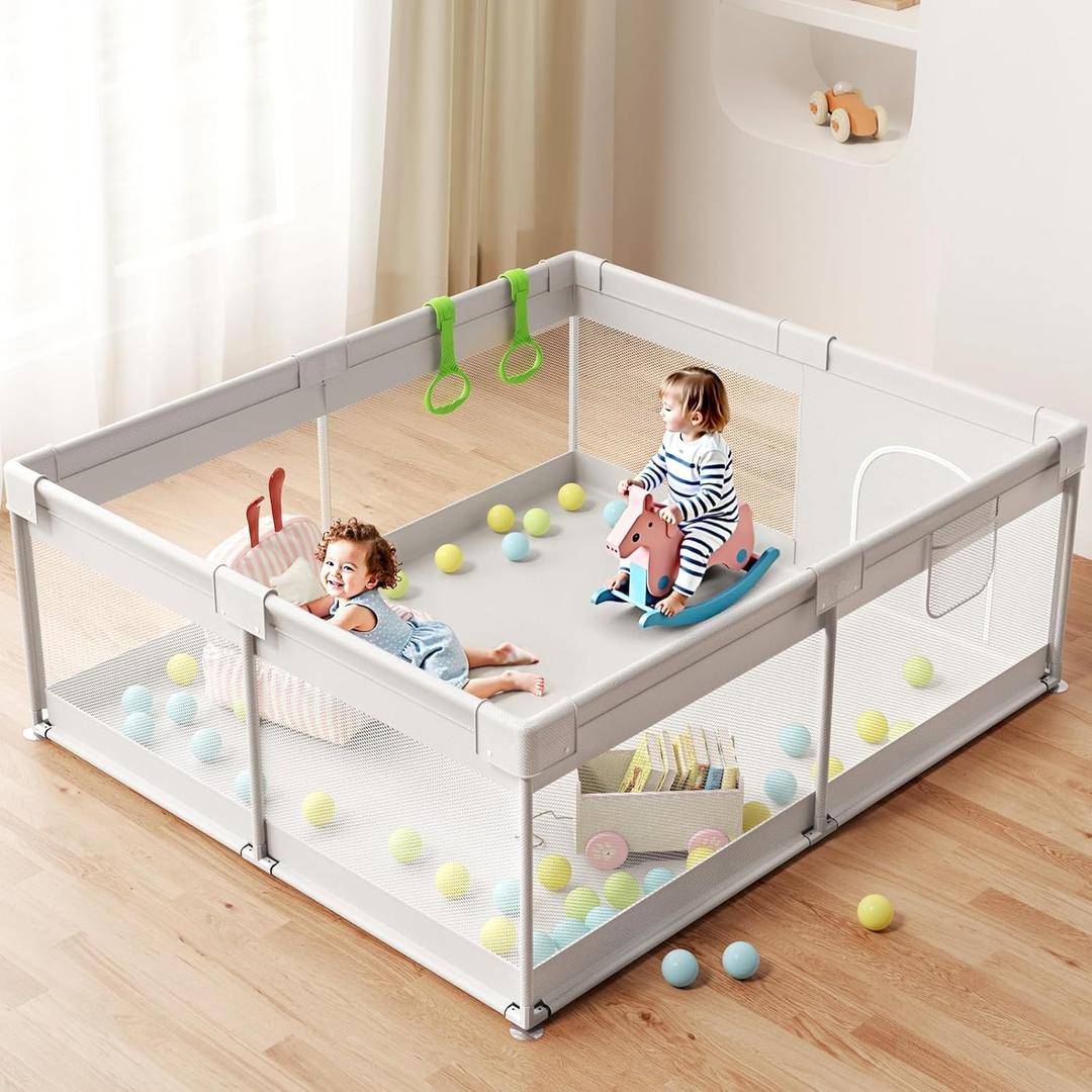 ZEEBABA Extra Large Baby Playpen - Playpen for Babies and Toddlers, Play Pen with Gate, Play Yard Baby Fence Play Area Zone Indoor, Sturdy Kids Play Pin (Gray, 6959in)