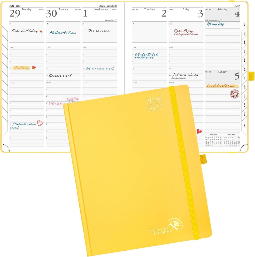 POPRUN 2026-2027 Academic Planner, Large Size 8.5" x 10.5", Weekly and Monthly Calendar, July 2026 to June 2027, Hardcover Appointment Book with Verital Layout, Hourly Time Slots, Monthly Tabs - Light Yellow