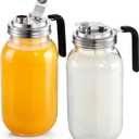 Baderke 2 Pcs Glass Mouth Mason Jars Pitcher with Stainless Steel Pour Spout Lid Leaking Proof Wide Mouth Mason Jars for Drinks Iced Coffee Milk Sun Tea Lemonade Juice(64 oz)