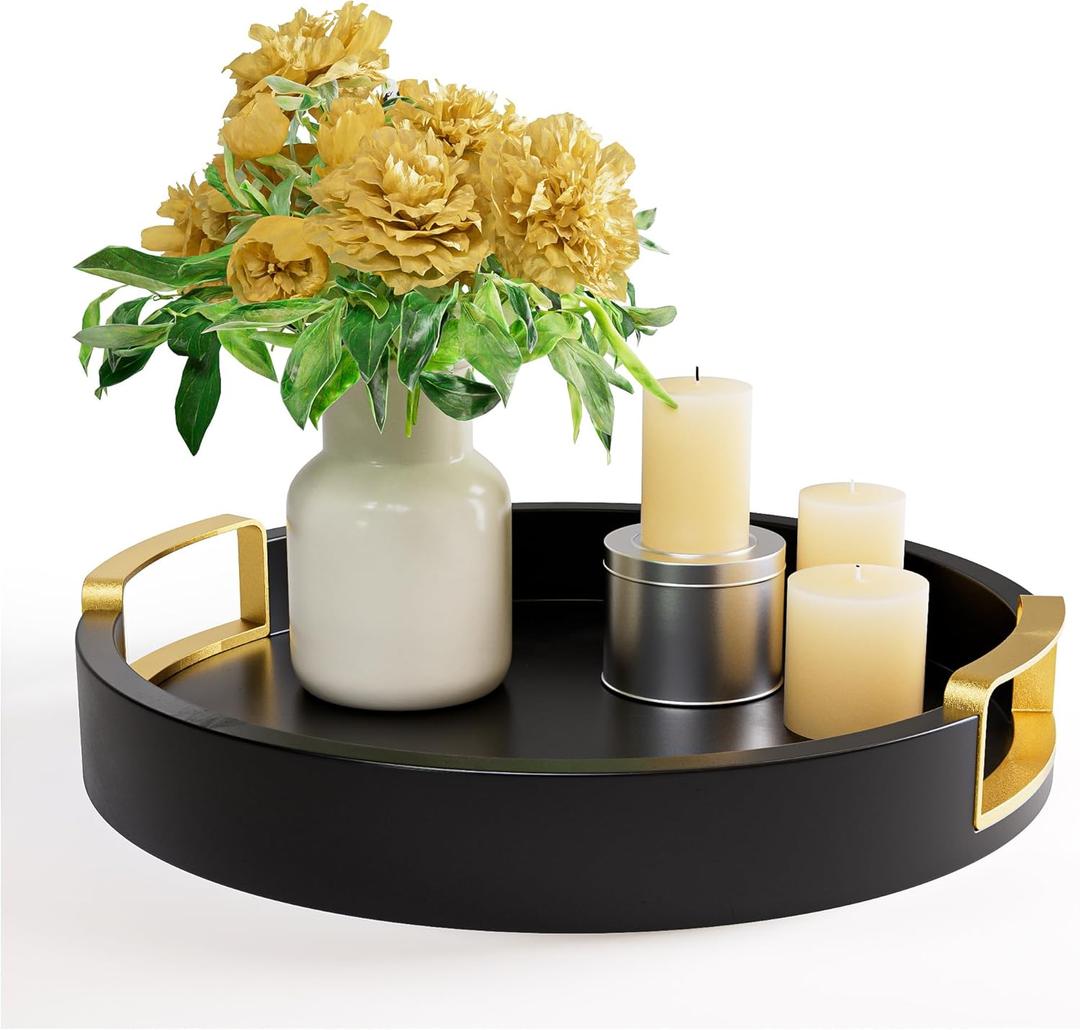 Round Decorative Tray - 12 Inch Round Black Tray with Gold Metal Handles - Stain Resistant Serving Trays for Decor - Decorative Trays for Coffee Table, Ottoman, Bar, Vanity, Kitchen, Bedroom & More