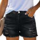 This is a pair of black high-waisted denim shorts featuring frayed hemlines and ripped L
