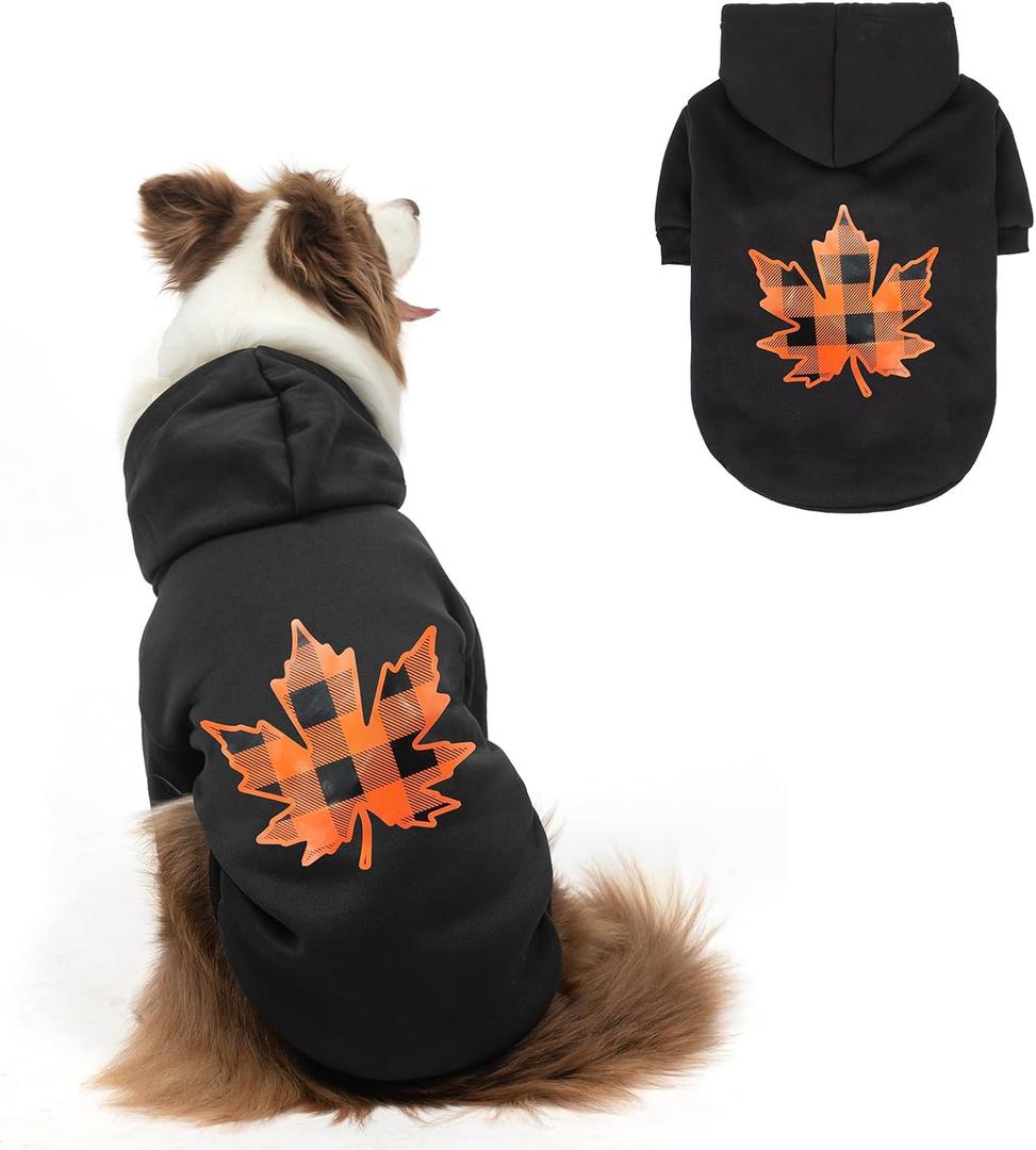 SCENEREAL Thanksgiving Dog Hoodie with Leash Hole Male Female - Warm & Soft Fleece Pet Sweater Clothes Sweatshirt with Leaf Pattern, Cold Weather Coat for Small Medium Large Dogs Puppies, L