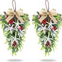 2 PCS 24" Christmas Starfish Teardrop Swag Rustic Farmhouse Wreath with Green Leaves Red Berries Hanging Swag for Xmas Winter Front Door Indoor Outdoor Pillar Porch Wall Cabinet Window Home Decor