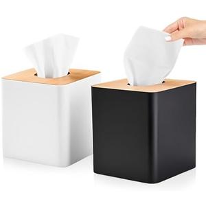 RETON 1 Pack Tissue Box Cover, Square Plastic Tissue Holder with Bamboo Cover Plate, Cube White Paper Organizers for Living Room, Office, Home Decor, Night Stand