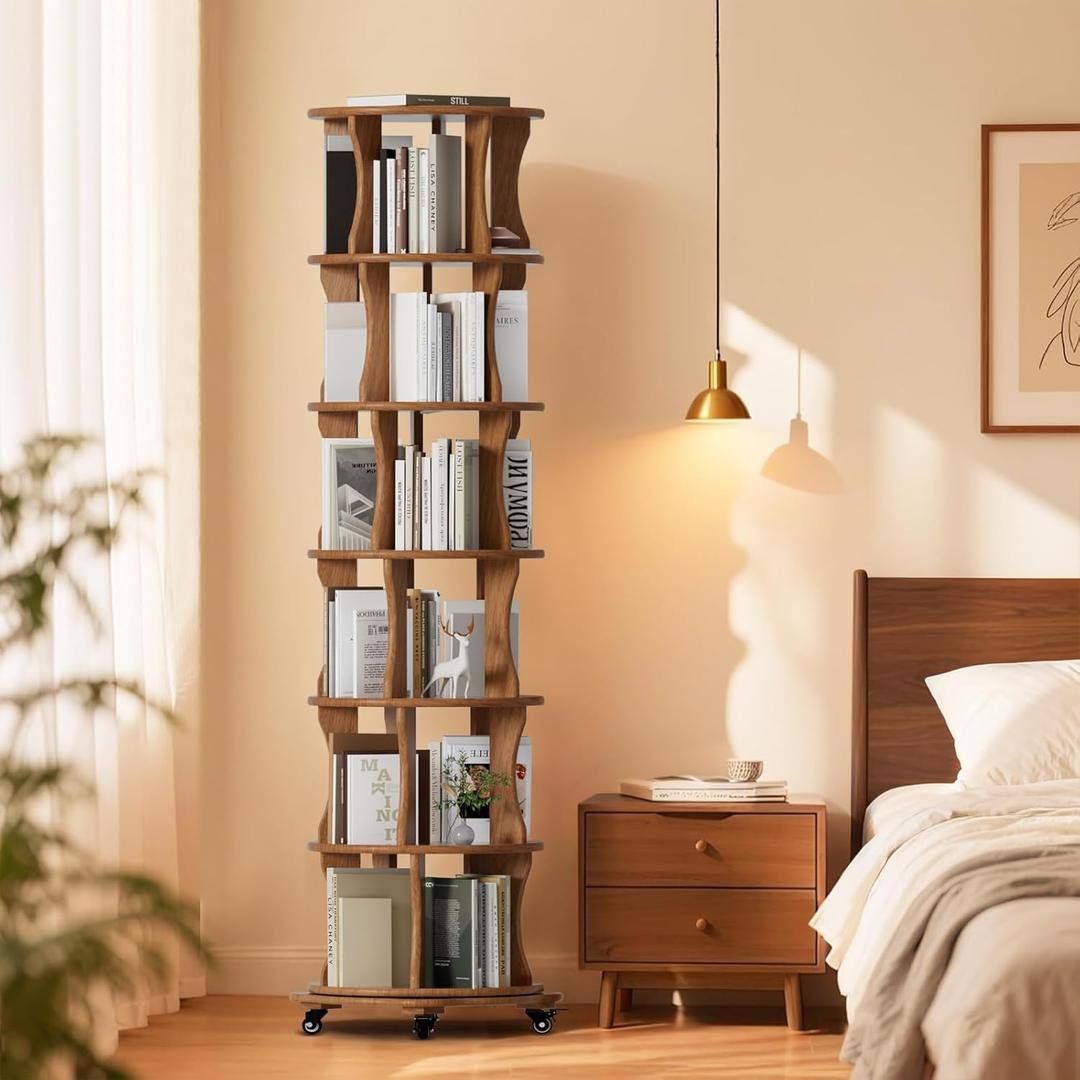 6 Tier Solid Wood Rotating Bookshelf with Wheels, Round Revolving Bookcase Organizer, 360 Spinning Storage Shelf for Corner, Small Narrow Spaces, Home, Office, BedRoom,Living Room,Study Room (Walnut)