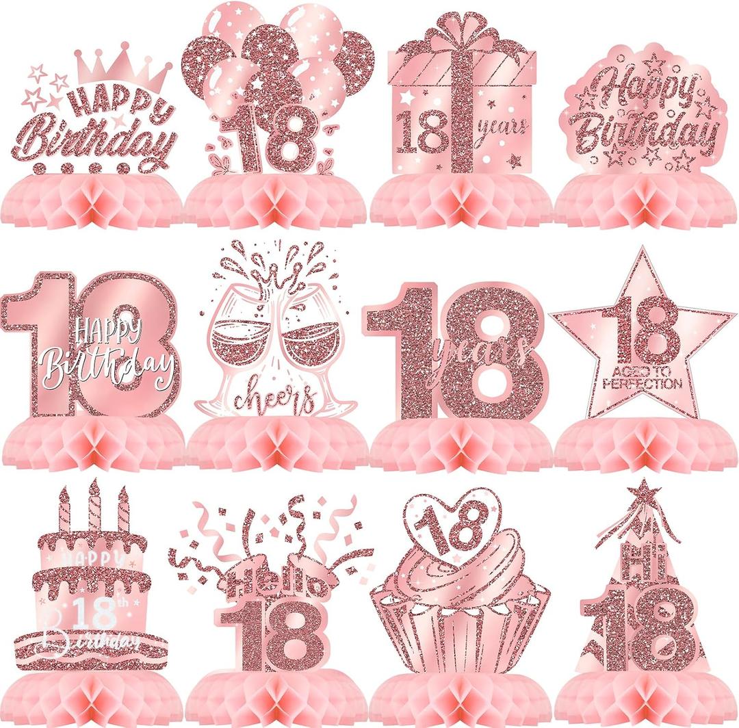 Pink 18th Birthday Table Centerpieces for Girls, Rose Gold Honeycomb Birthday Party Decorations for 18 Year Old, Happy 18 Years Table Toppers for Teen Girl or Young Adult Birthday Celebration