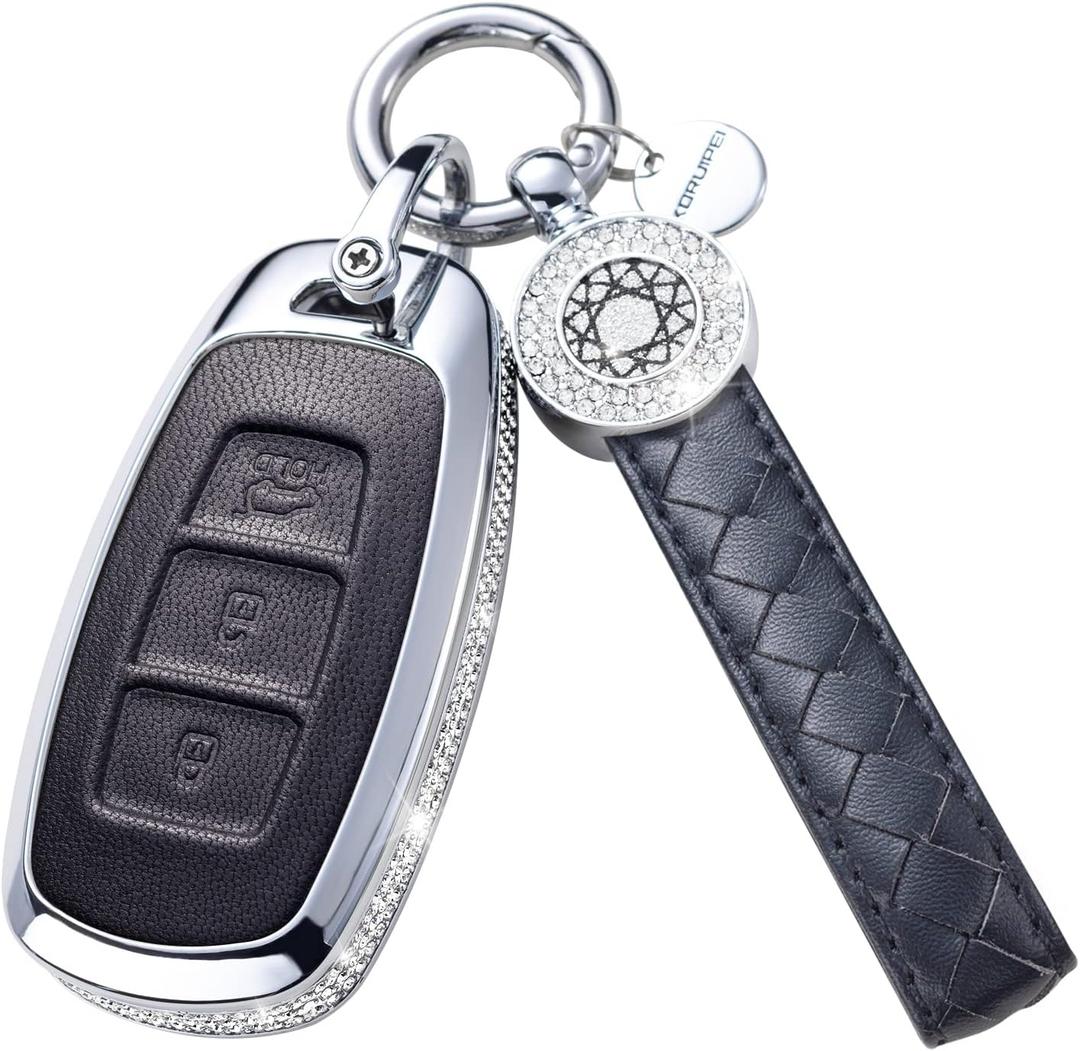 for Hyunda Key Fob Cover with Keychain, Black Genuine Leather Crystal Key Case Protection Shell Compatible with 2022 2021 2020 Hyunda Sonata Santa fe Tucson Keyless Entry 5 Buttons Smart Key