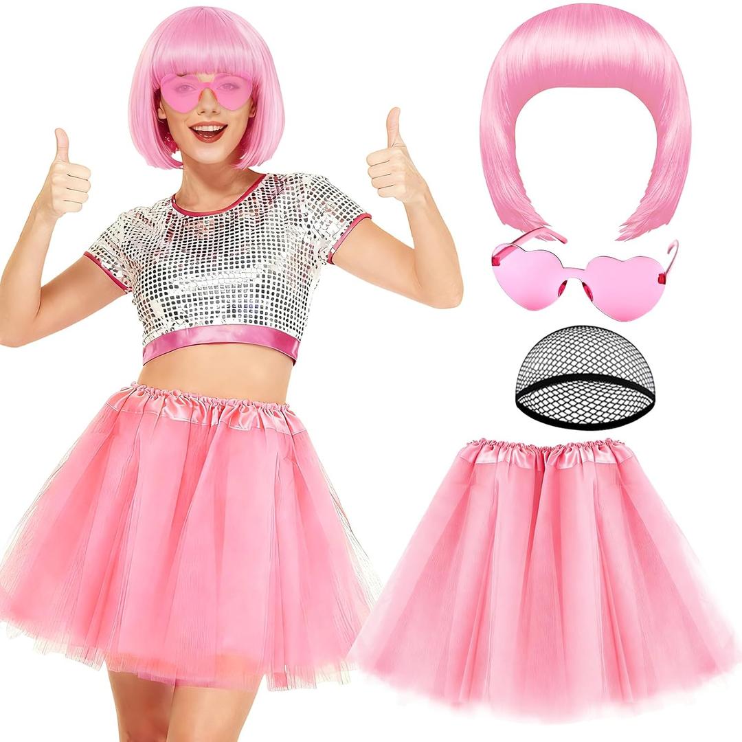 PLULON Pink Bob Wig Tutu Heart Sunglasses for Women Costume, Colorful Party Bob Wigs 80s Tulle Tutus Skirt for Christmas Birthday Bachelorette Wedding Valentine's Day Princess Theme Party