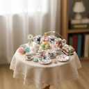 Geiserailie 2 Set 1:12 Dollhouse Miniature Porcelain Tea Cup 30 Pieces Mini Flowers Pattern with Golden Trim Teapot Cup Plate Mini Tea Dollhouse Kitchen Accessories
