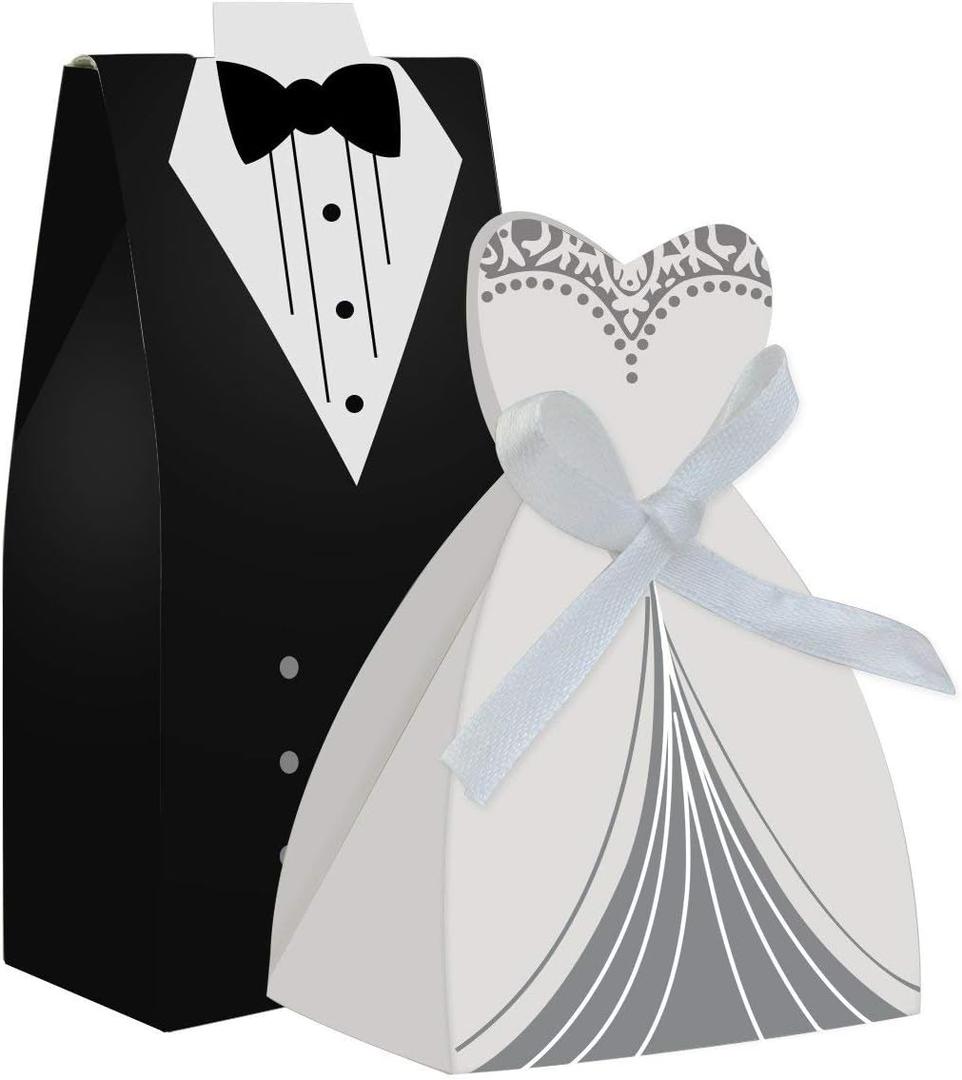 100pcs Party Wedding Favor Dress & Tuxedo Bride and Wholesale Candy Favor Box, Creative Dress Gift Box Bow-knot Bonbonniere for Christmas Wedding Party Birthday Bridal Shower Decoration