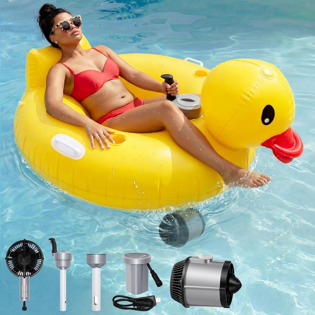Hungdao Inflatable Duck Motorized Pool Float for Adults Electric Pool Lounger with Dual Motors, Cup Holder, Handle & Rechargeable Battery (Not Air Pump) Ideal for Outdoor Swimming Parties(48"L x 48"W)