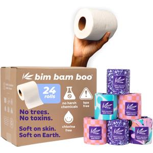 Bim Bam Boo 100% Bamboo Organic Chemical-Free Bulk Toilet Paper, Cloud-like Softness, Plant-Based Sustainable Tree-Free Bathroom Tissue, 24 Eco-Friendly Rolls, 2 Ply, 295 Sheets for RV and Camping