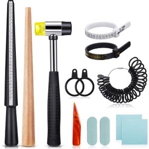 11 Pieces Us UK Ring Mandrel Set, Size 1-13 with Half Size Ring Sizer Gauge Jewelry Mandrel Jewelry Hammer Adjuster Polishing Cloth Polishing Stick Polished Agate Knife Measuring Tool(Black)