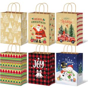 JUESMOS 24 Pack Kraft Christmas Gift Bags with Handles 10" Medium Paper Bags for Present Wrapping Holiday Paper Treat Goodie Bags for Christmas Party Favors and Decoration Supplies