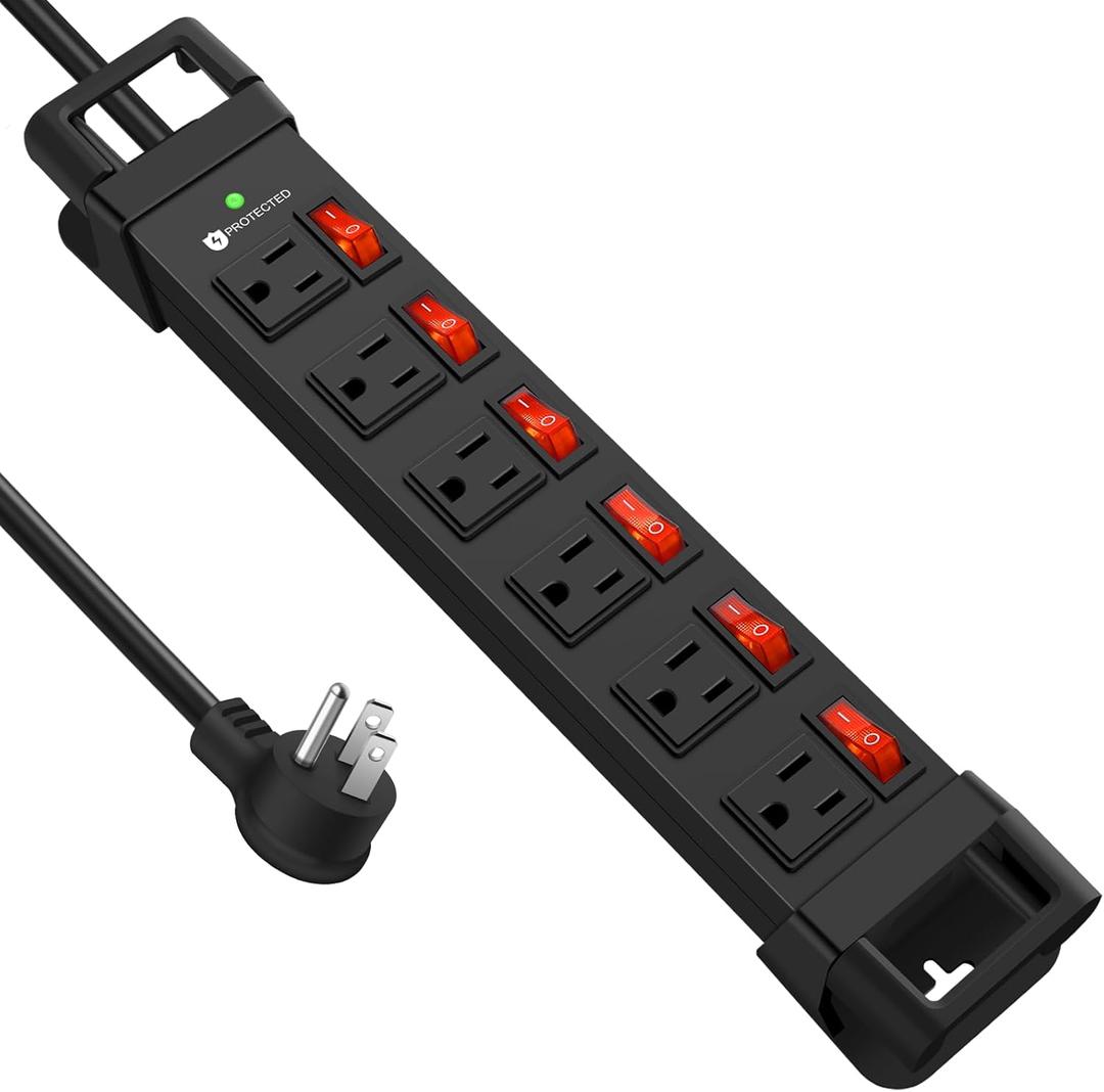 Heavy Duty Power Strip,6 Outlet Wall Mount with Individual Switch & Cord Management,Mountable Surge Protector 1200J,6FT Extension Cord(Black,6 FT)