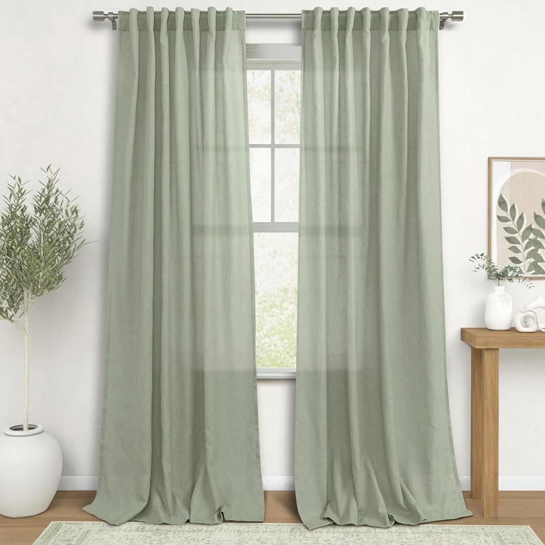 KOUFALL Sage Green Curtains 96 Inches Long 2 Panel Set,Organic Linen Modern Cottage Farmhouse Boho Chic Decor 8FT 8 FT Floor to Ceiling Curtains for Bedroom Living Room