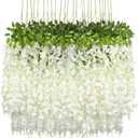 Pauwer Wisteria Hanging Flowers 24 Pack Fake Flower Garland Artificial Wisteria Vines Rattan Silk Flower String Wedding Party Wall Decorations,White