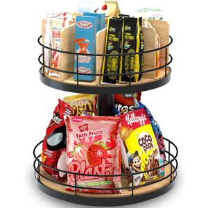 Snack Organizer - Versatile Snack Storage 2 Tier Lazy Susan with Convenient Grab-and-Go Design, Wood and Metal Snack Holder for Home, Office, Breakroom, 12.13" L x 12.13" W x 12.56" H