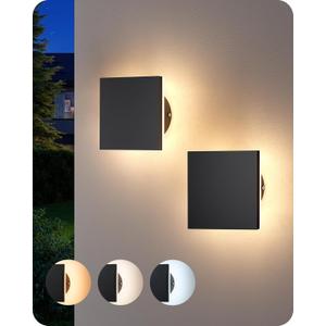 EDISHINE 2 Pack LED Wall Lights Outdoor Indoor, 3000K-5000K Dimmable Wall Sconce, 360 Backlit Square Modern Exterior Lighting Fixtures, IP65 Waterproof Aluminum Outside Porch Light, Black