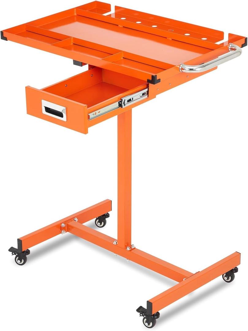 Adjustable Height Mobile Work Table,Mechanic Rolling Tool Cart with Brakes,300Lbs Capacity Mobile Rolling Tool Tray with Drawer for Garage, Repair Shop,Workshop and DIY (Orange)