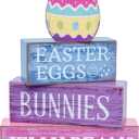 MORTICIA 4 Piece Easter Table Decoration Wooden Blocks with Colorful Egg, Pastel Farmhouse Centerpiece for Home Kitchen Party, Easter Eggs Bunnies Jelly Beans Signs