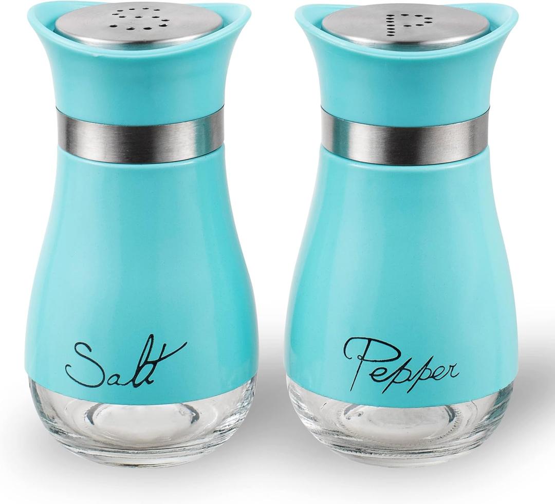 Lonffery Salt and Pepper Shakers, Stainless Steel and Glass Bottle, Set of 2, Turquoise