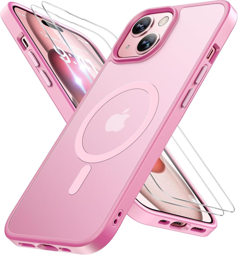 Miracase Magnetic for iPhone 15 Case (Compatible with MagSafe)with 2X Screen Protectors Military-Grade Protection, Anti-Fingerprint Translucent Matte Phone Cover for iPhone 15 6.1 inch, Mes Pink