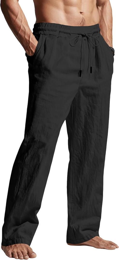 Men's Casual Linen Pants Elastic Waist Drawstring Summer Beach Lightweight Trouser with Pockets (Black)