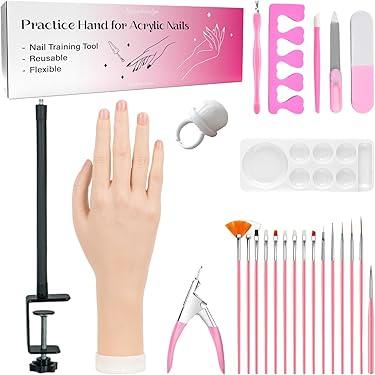 Practice Hand for Acrylic Nails, Flexible Bendable Fake Hand with Adjustable Stand, Nail Training Kit Mannequin Hand for Beginners & Nail Artists (Clamp Stand)
