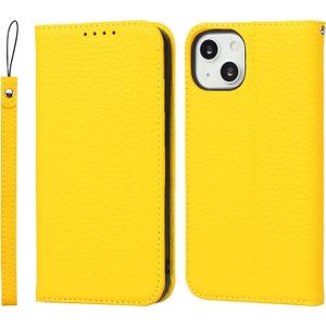 iCoverCase Compatible with iPhone 13 Wallet Case with Credit Card Holder and Wrist Strap, RFID Blocking Genuine Leather Flip Magnetic Phone Cover 6.1 Inch (Yellow)