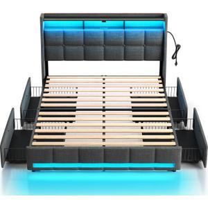 Rolanstar Full Size Bed Frame with LED Lights and Charging Station, Upholstered Bed Storage Headboard & Drawers, Heavy Duty Wood Slats, Easy Assembly (Grey)
