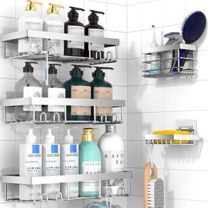 Moforoco Adhesive Shower Caddy Organizer Shelves Rack - 5 Pack Corner Bathroom Storage Organization, Home & Kitchen Decor Inside RV Accessories, Hanging First Apartment Household Camper Essentials, Silver 