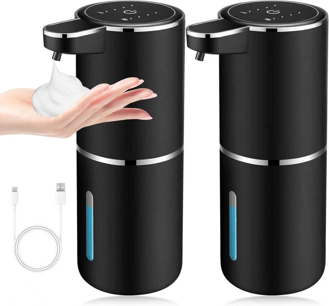 2 Pack Automatic Soap Dispensers, 12.8oz/ 380ml USB Touchless Automatic Foaming Soap Dispenser, Rechargeabled Wall Mounted Smart Soap Dispenser for Bathroom Kitchen Dish Soap(Black)