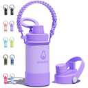 avodvo 12 oz Insulated Water Bottle with 2 Lids (2-in-1 Straw & Spout Lid, Magnetic Lid), Kids Water Bottle with Strap, Kids Stainless Steel Water Bottle for School, PA-Free, Purple