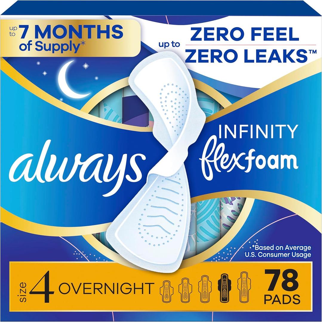 Always Infinity Feminine Pads for Women, Flexfoam Pads with Wings, Size 4, Overnight Absorbency, Unscented, 78 Count (3 Packs of 26)