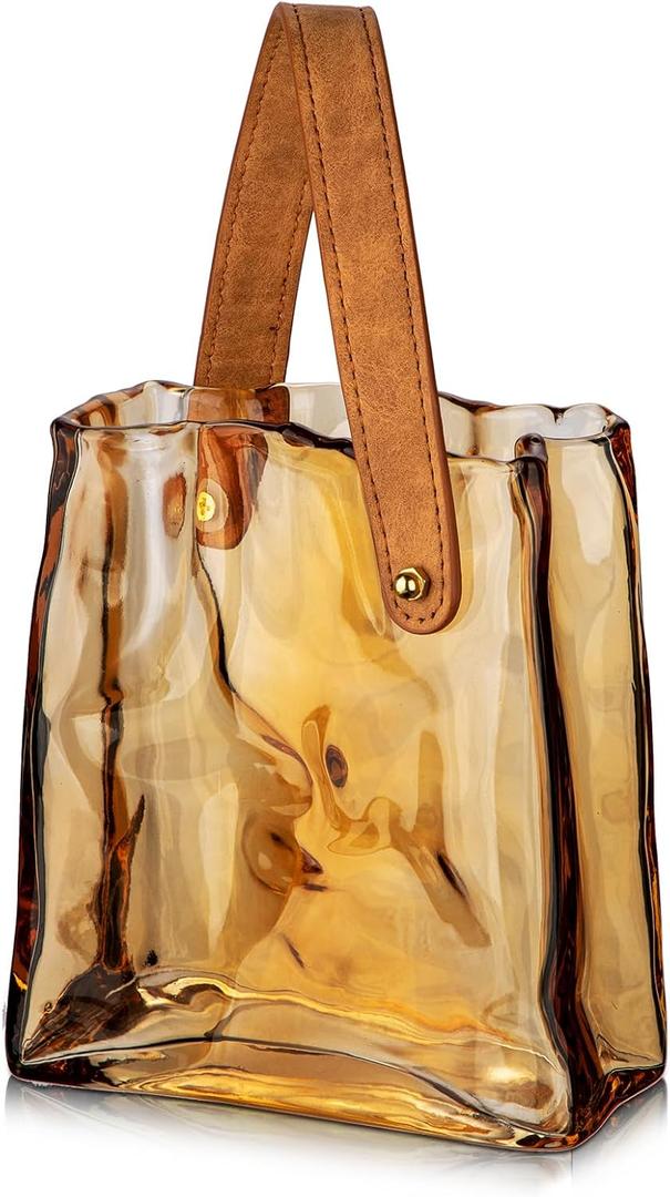 Glass Purse Vase for Flowers Amber Vases for Centerpieces Glass Bag Vase with Leather Handle Small Bag Vases for Decor Decorative Fish Bowl for Home Wedding Decor